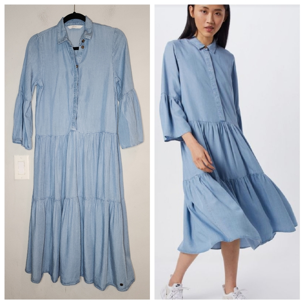 Numph‎ Nuanna Dress Blue Chambray Tiered Midi Dress Size 34 XS Relaxed Fit